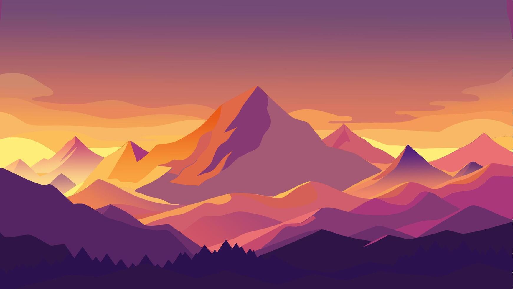 Mountain Landscape, Sunset Scene in Nature with Mountains and Forest, Silhouettes of Trees and Hills. Beautiful Landscape of Mountains and Wild Forest vector