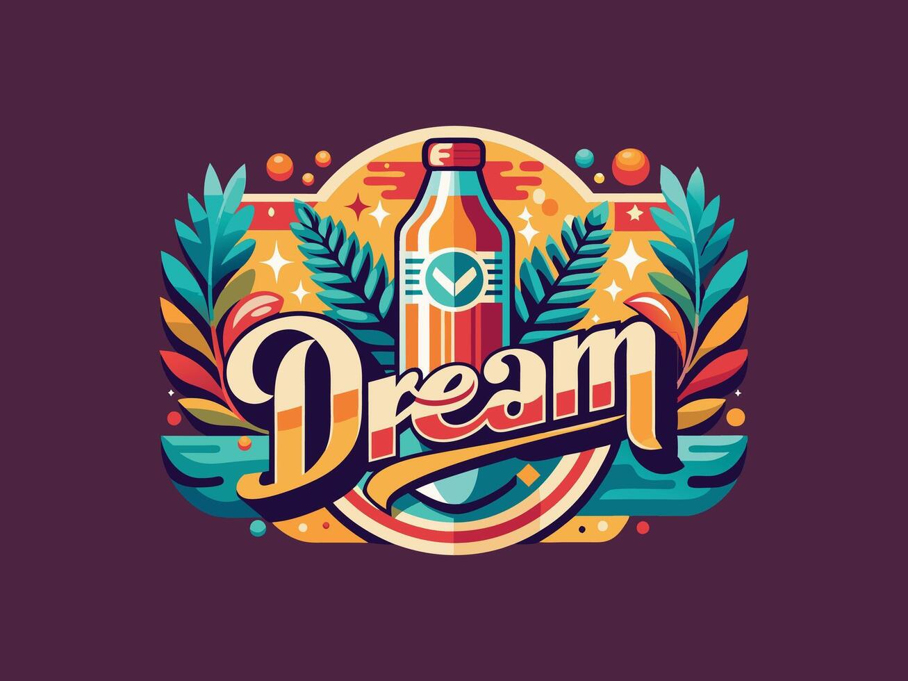Colorful Cartoon Dream Lettering with Bottel, Planets, etc. Bright flat illustration can be used for prints on t-shirt, textile, greeting card or poster vector