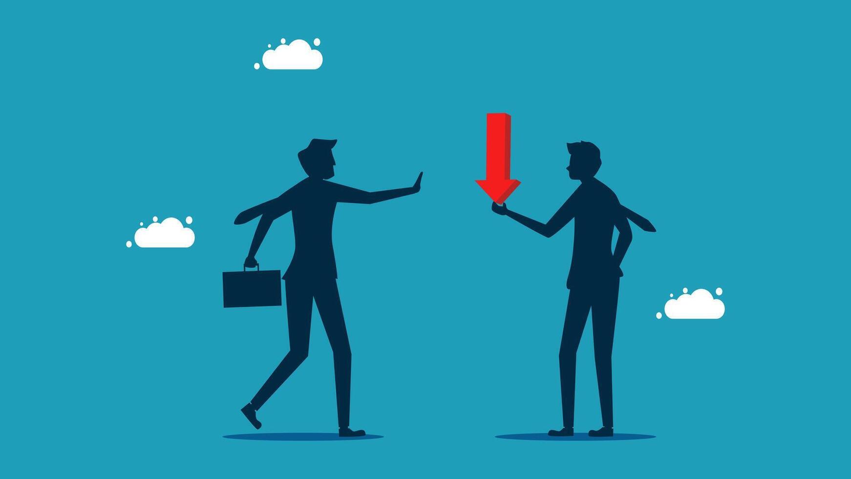 two businessmen are arguing over an arrow pointing down vector
