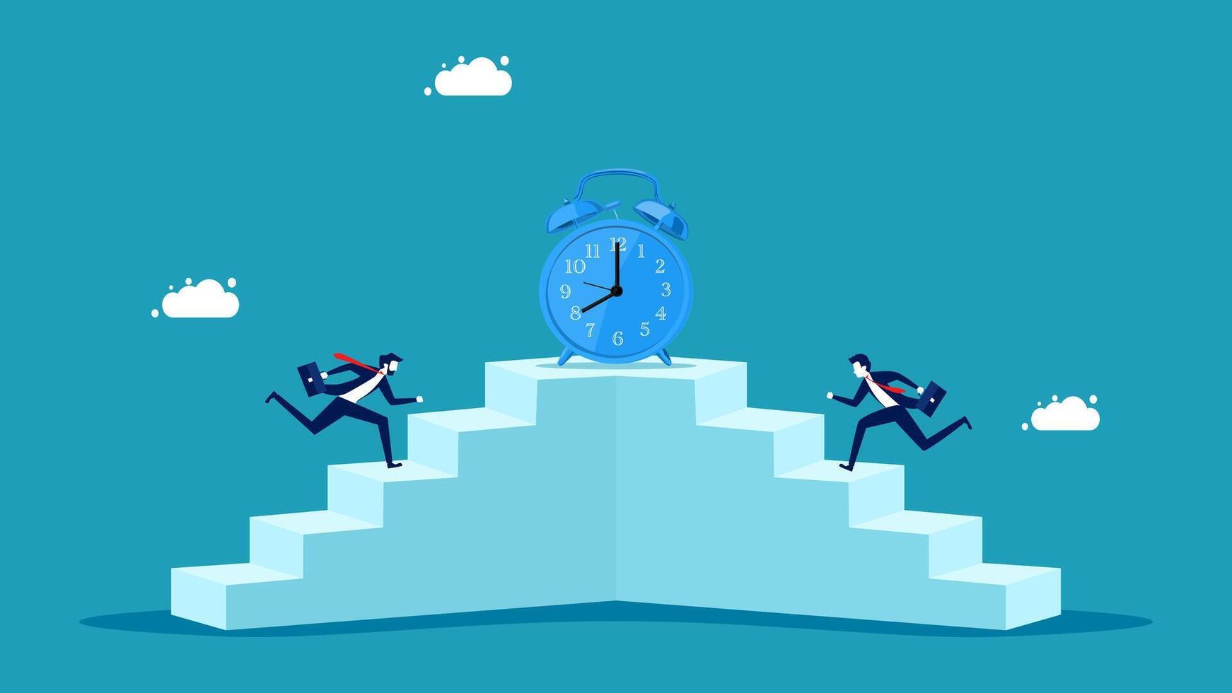 business people running up stairs to reach the top of the stairs with an alarm clock vector