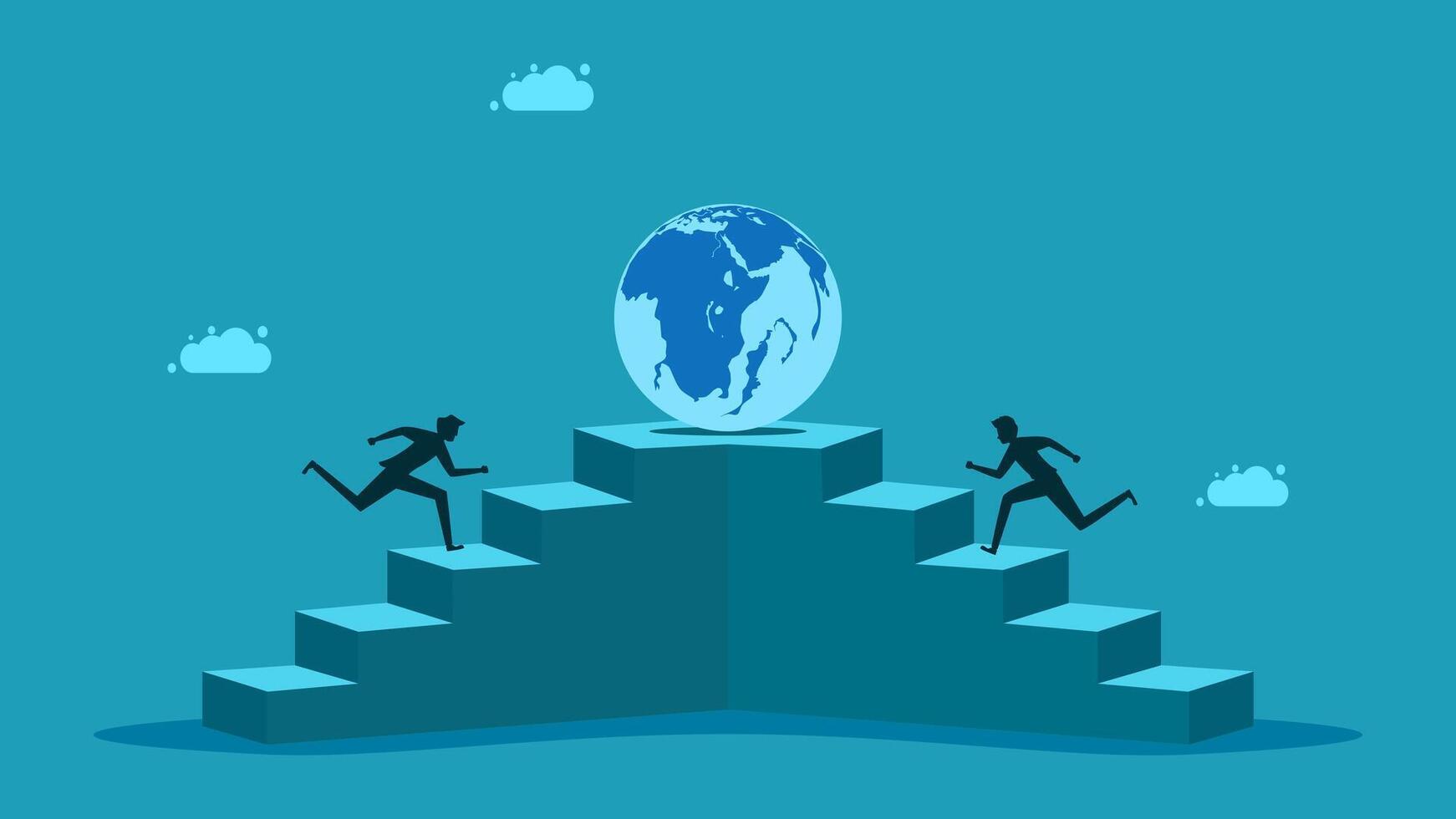 businessmen running up the stairs to reach the top of the world vector