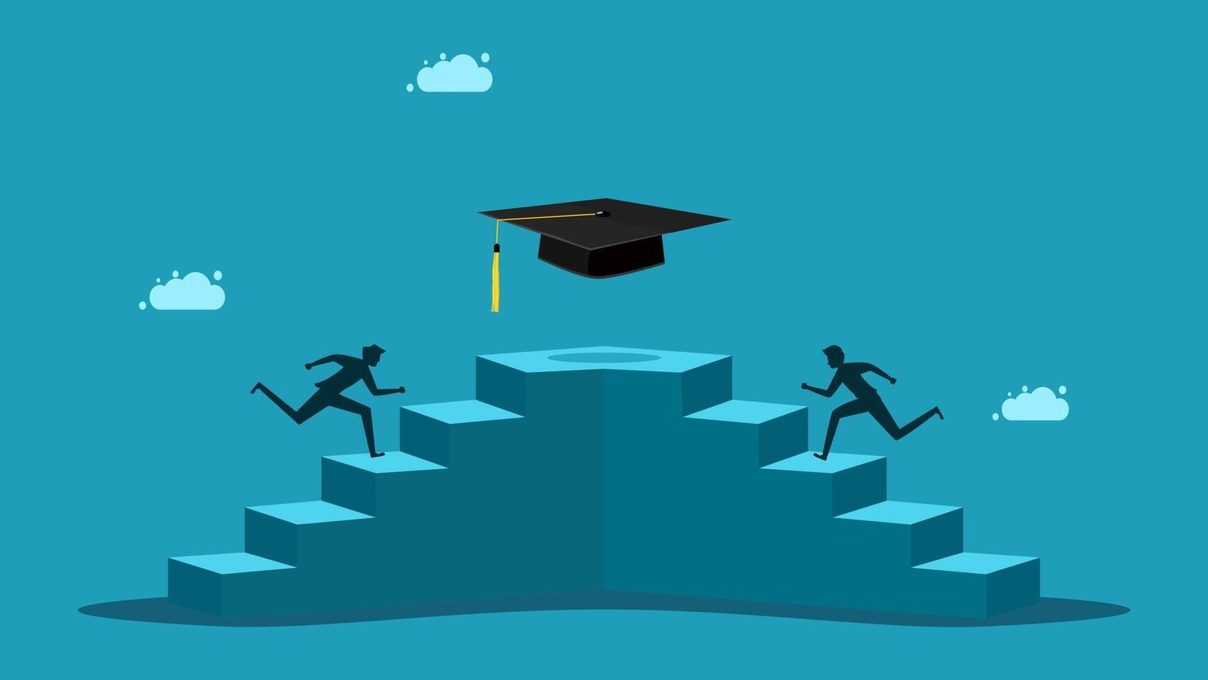 graduation hat and two people running up the stairs vector