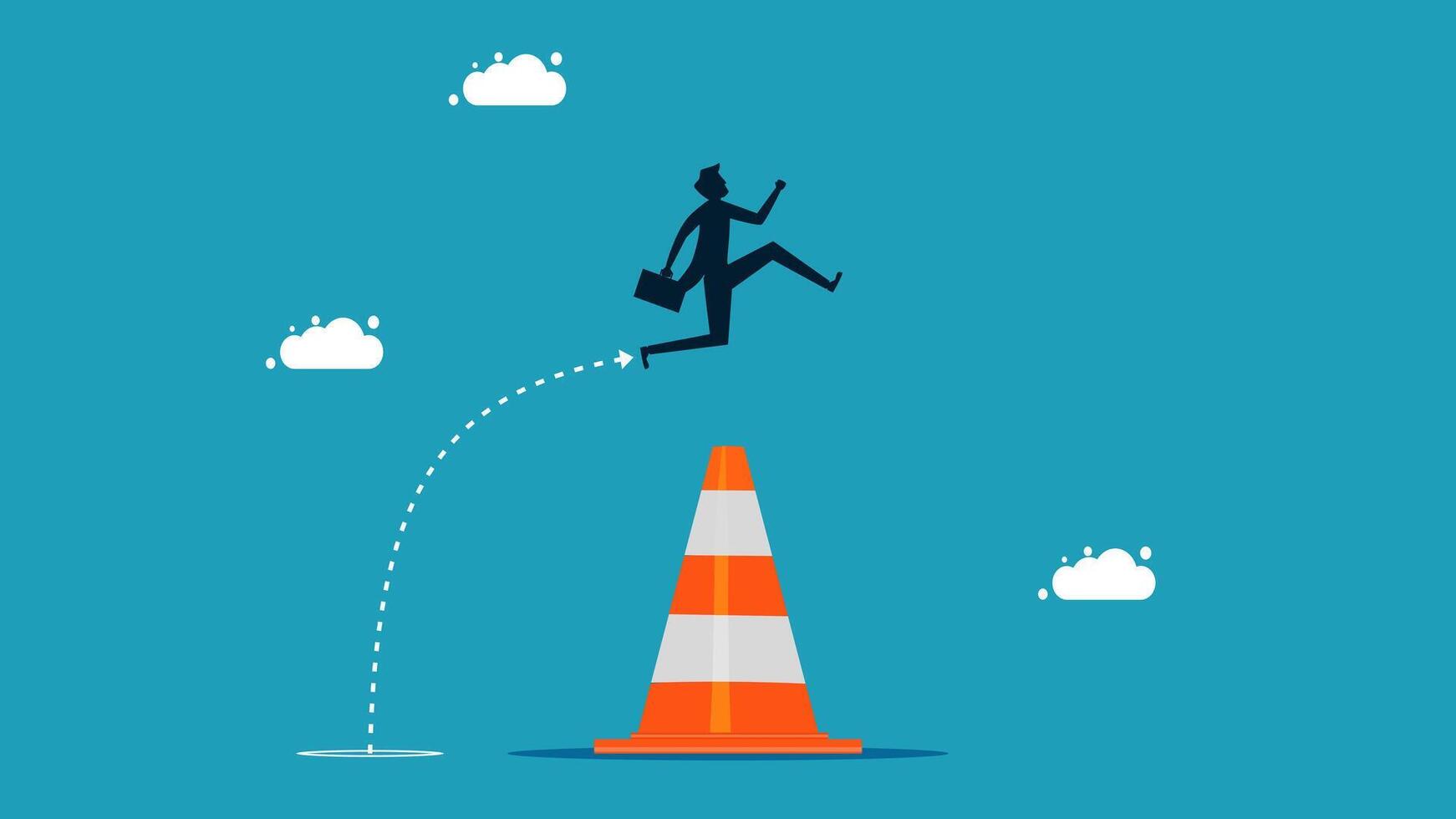 businessman jumping over a traffic cone vector