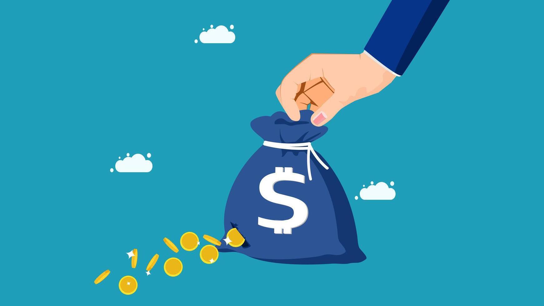 hand putting money into a bag with dollar coins vector