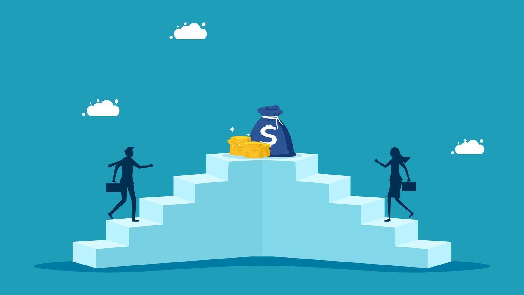 business people climbing up a ladder to reach the top of a mountain from money vector
