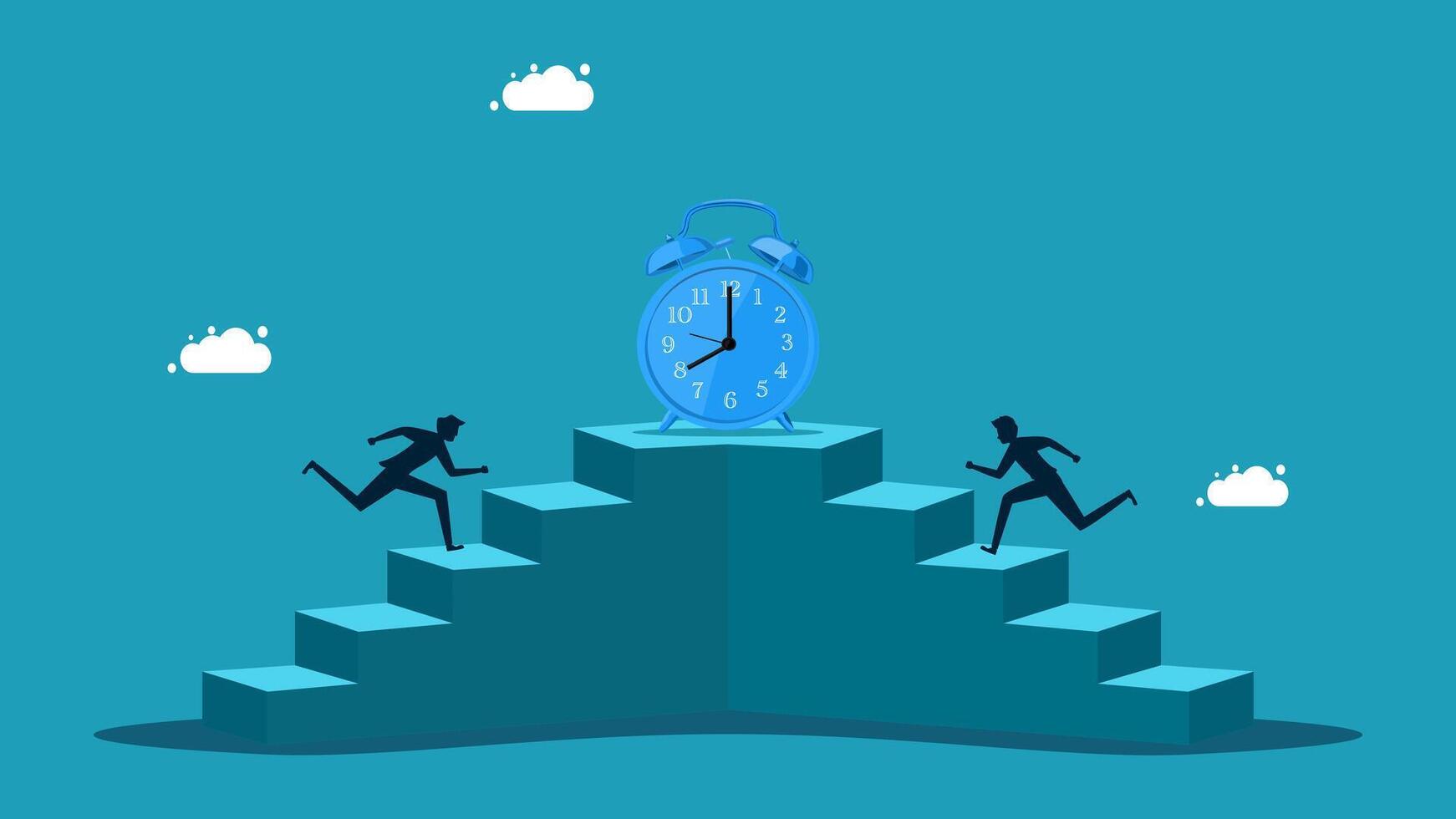 business people running up stairs to reach the top of the stairs with an alarm clock vector
