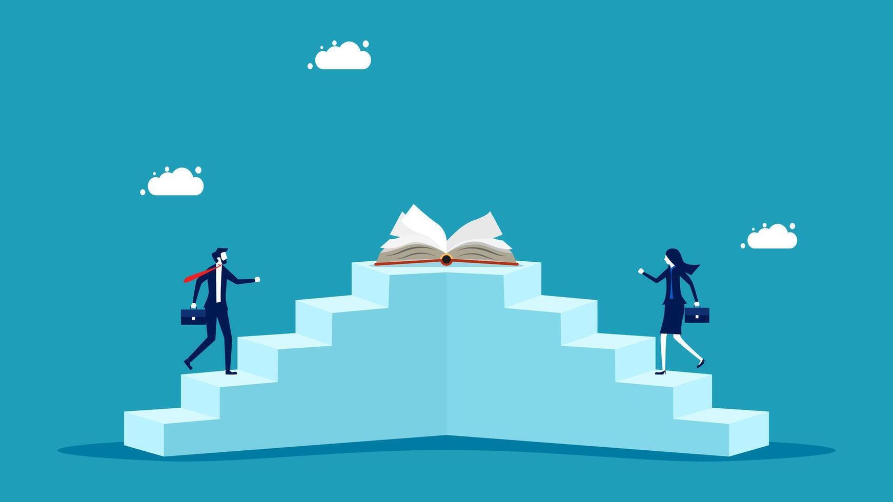 business people climbing up stairs to reach the top of a book vector