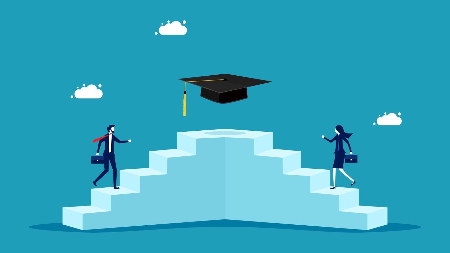 business people walking up the stairs to the graduation cap vector