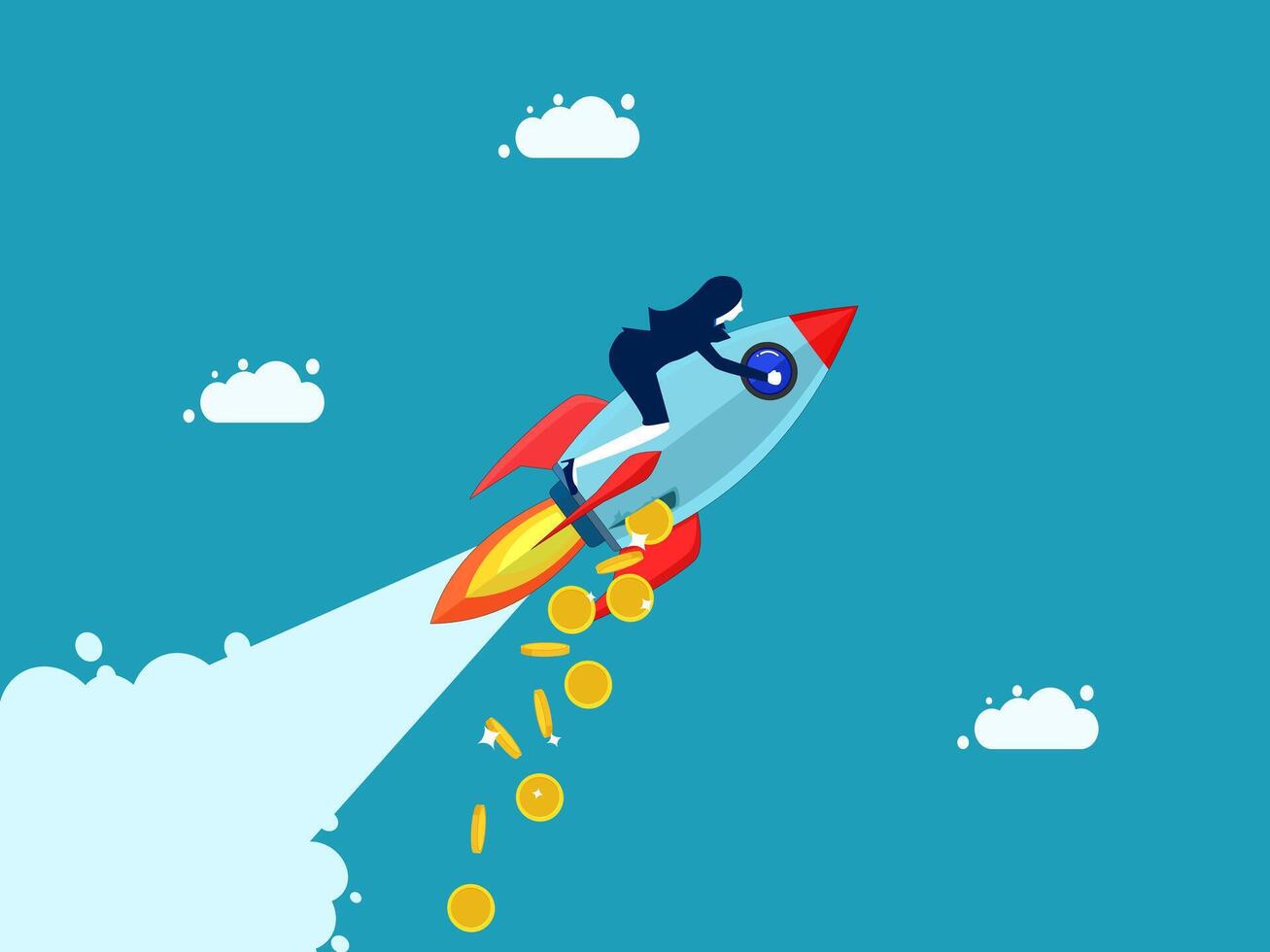 a person riding on a rocket with money flying out vector