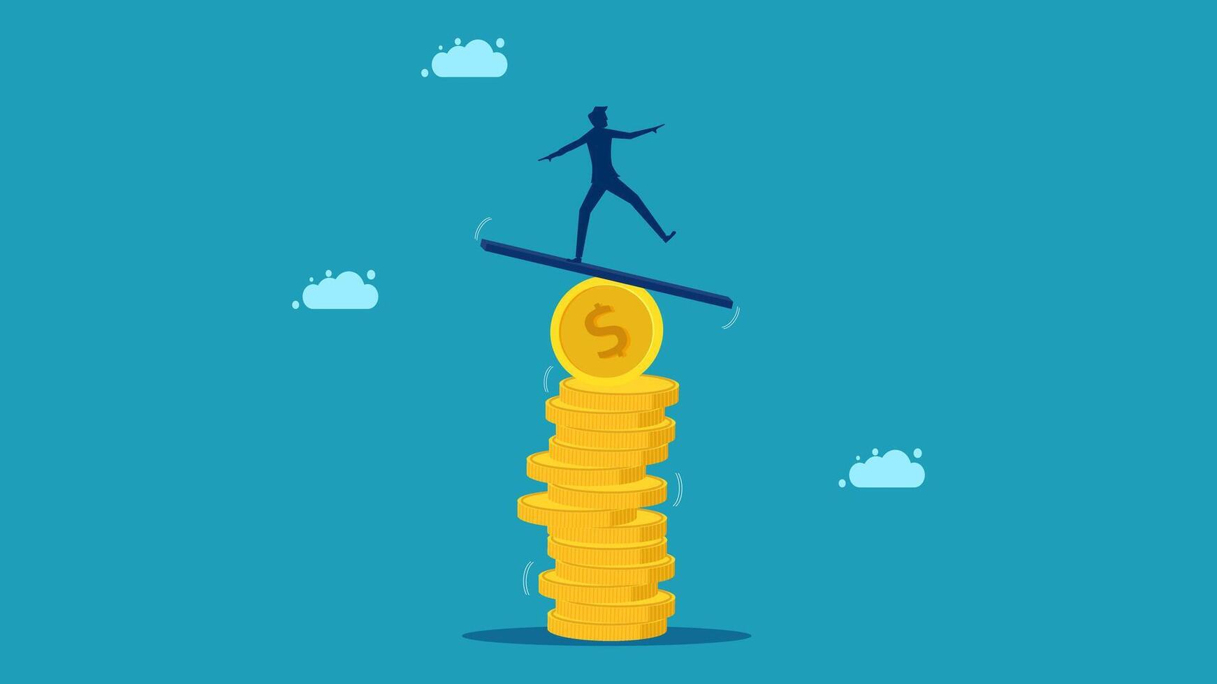 a man balancing on top of a stack of coins vector