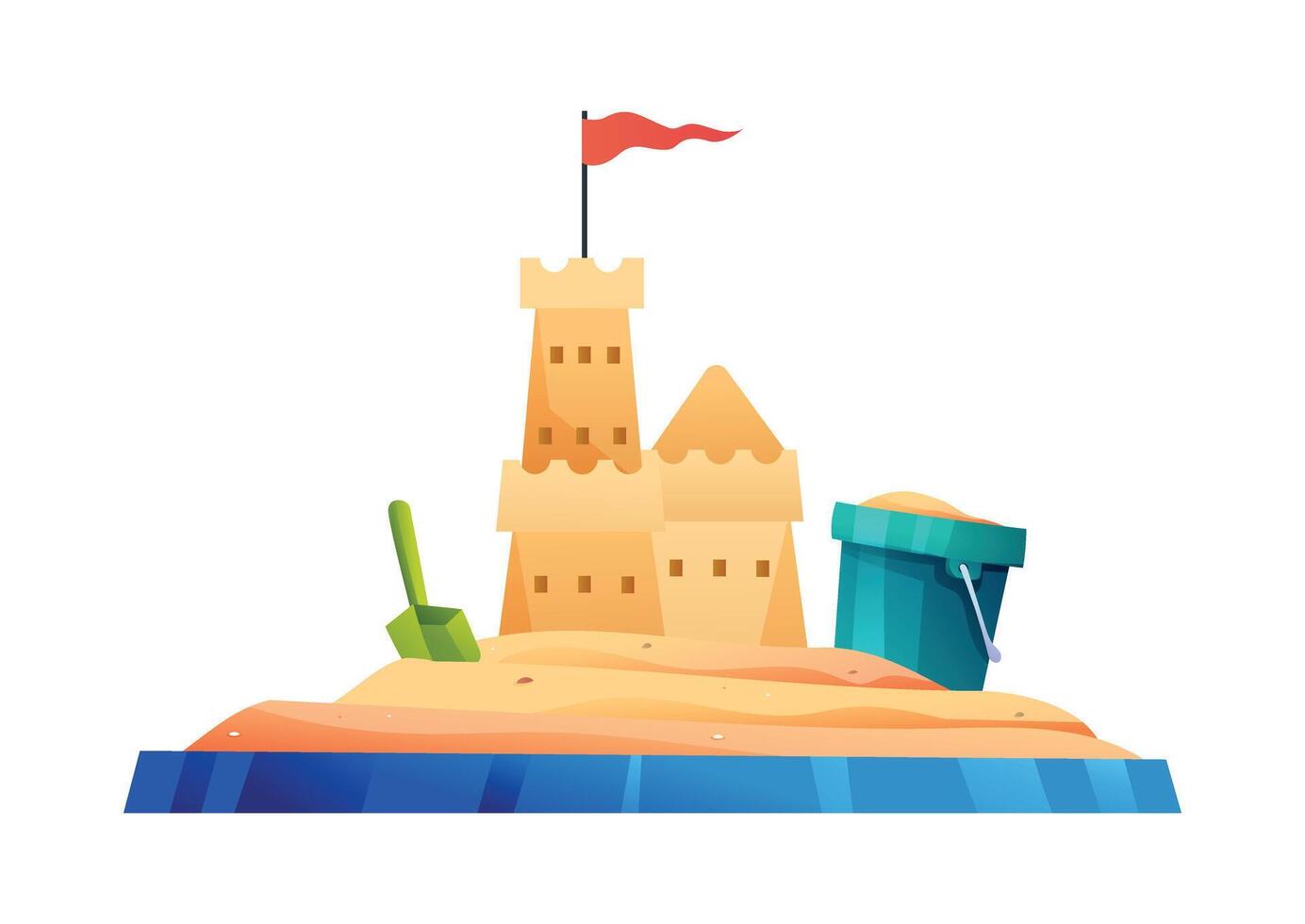 Sand castle and bucket on sandbox, ideal for beach games and fun. Cartoon illustration vector