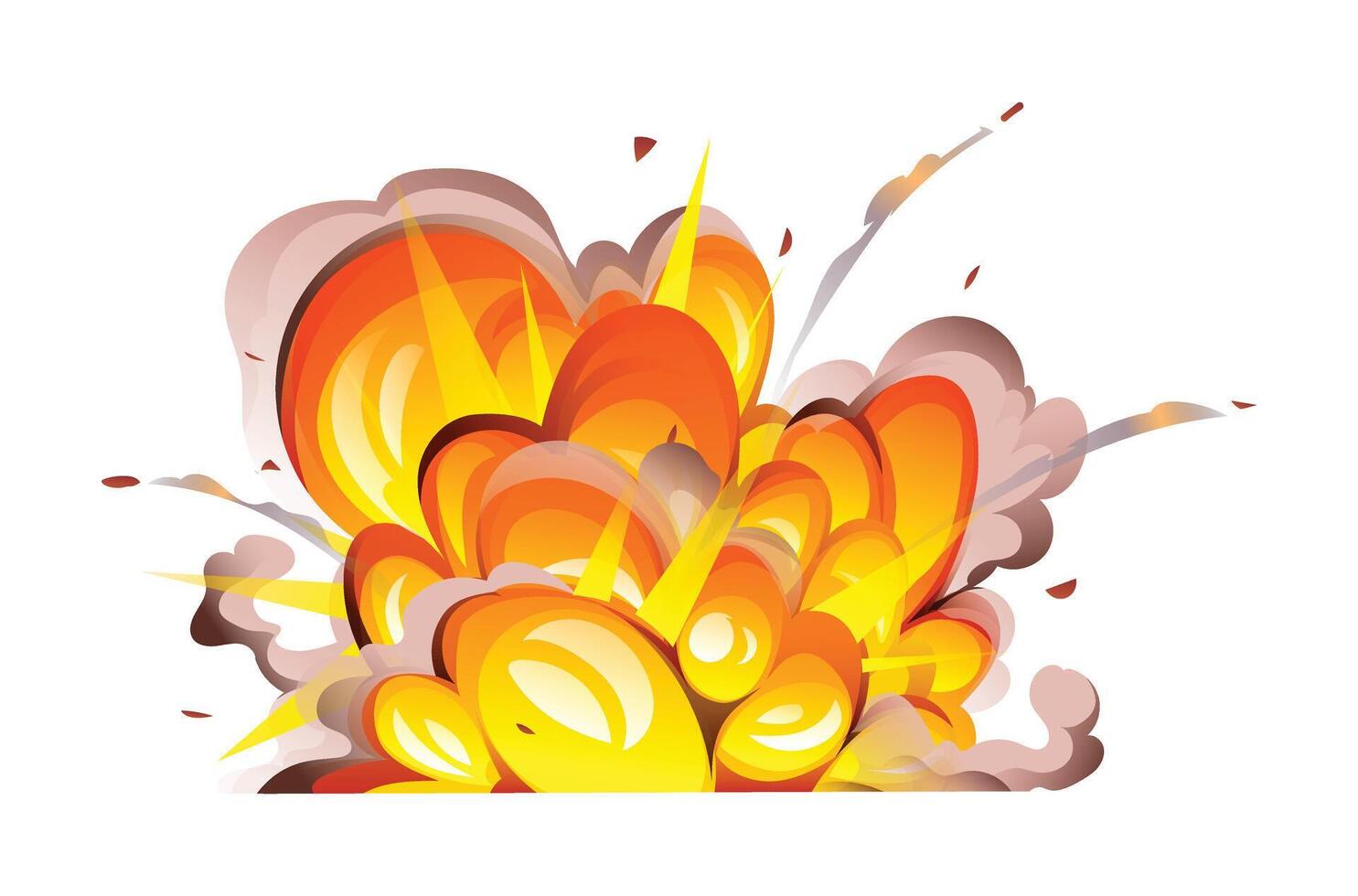 Bomb explosion with rounded flames, thick smoke, and particles. Cartoon illustration vector