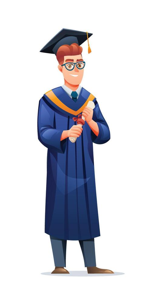 Male graduate holding diploma, wearing academic cap and gown, smiling confidently. Cartoon character illustration vector