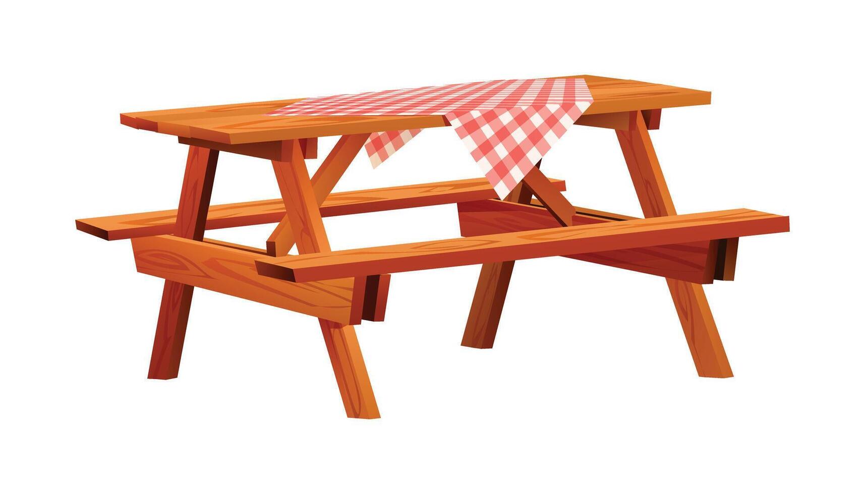 Wooden picnic table with red checkered cloth. Illustration isolated on white background vector
