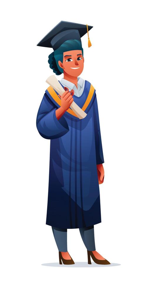 Female graduate holding diploma, smiling in cap and gown, celebrating success. Cartoon character illustration vector