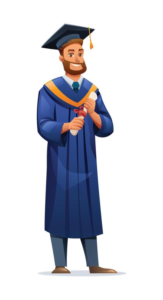 Happy male graduate holding diploma in academic cap and gown. Cartoon illustration vector