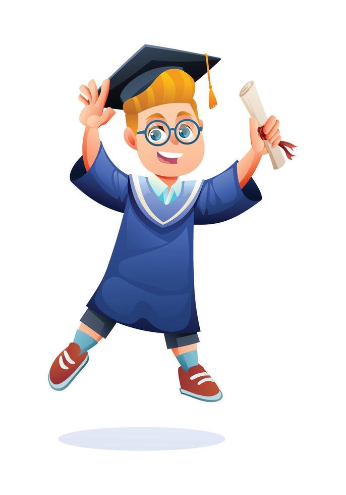 Excited boy in graduation cap and gown, holding diploma, jumping with a big smile. Cartoon illustration vector