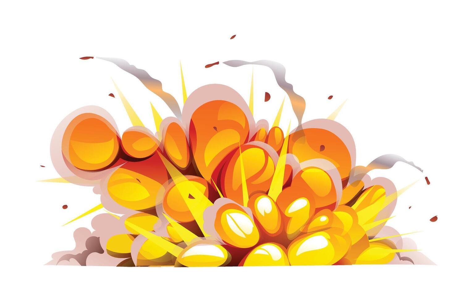 Powerful bomb explosion with rounded flames and thick smoke, bursting outward. Cartoon illustration vector