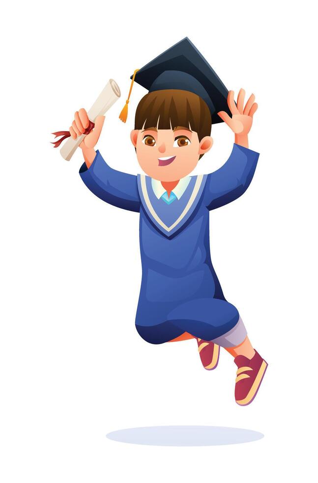 Happy boy in graduation cap and gown, holding diploma, jumping with a big smile. Cartoon illustration vector