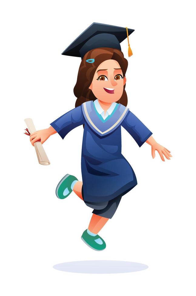 Happy girl in graduation cap and gown, holding diploma, jumping in celebration. Cartoon illustration vector
