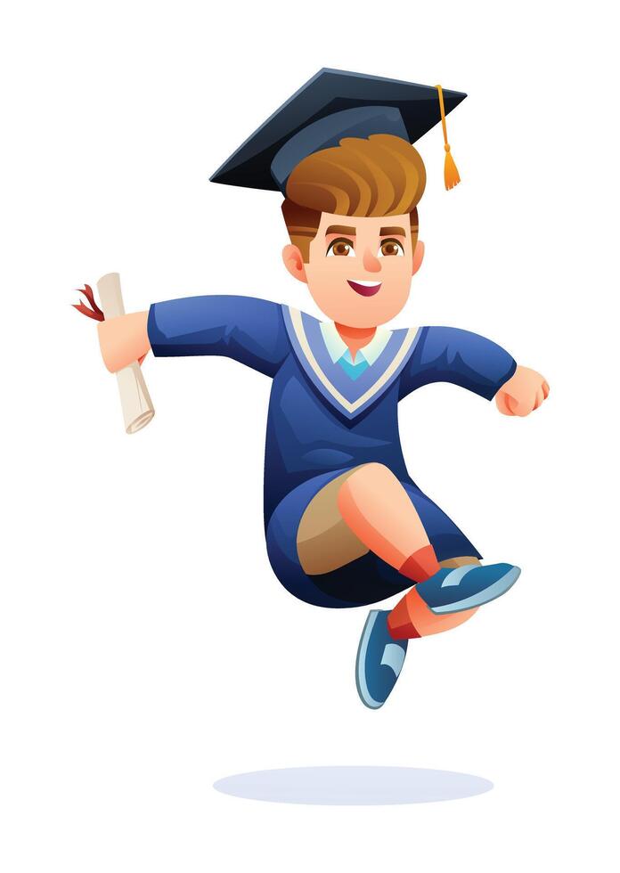 Excited boy in graduation cap and gown, holding diploma, jumping with smile. Cartoon character illustration vector