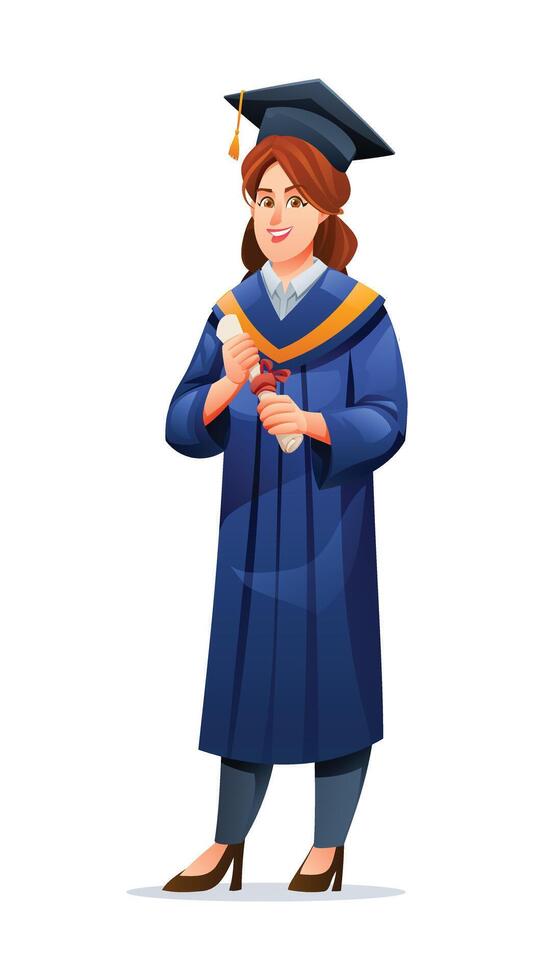 Happy female graduate holding diploma with confidence in cap and gown. Cartoon character illustration vector
