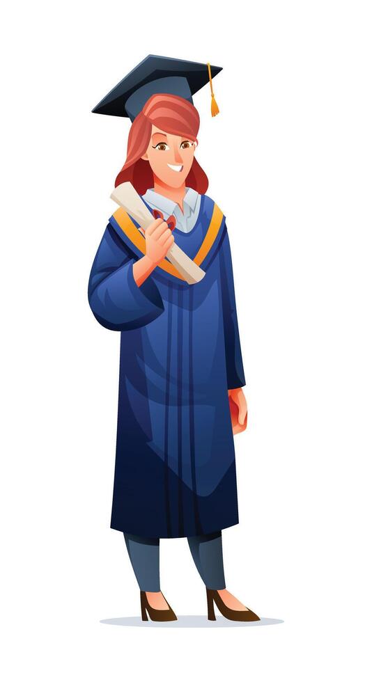 Proud female graduate holding diploma, smiling in cap and gown, celebrating success. Cartoon illustration vector