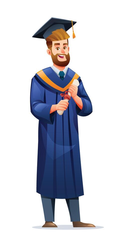 Proud graduate holding diploma in academic cap and gown with a joyful expression. Cartoon illustration vector