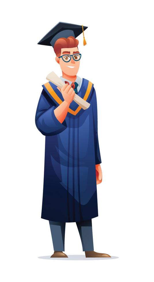 Male graduate holding diploma in academic cap and gown. Cartoon character illustration vector