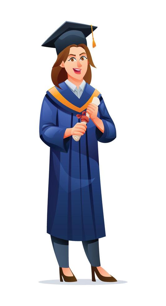 Female graduate holding diploma, smiling in cap and gown, expressing pride. Cartoon character illustration vector