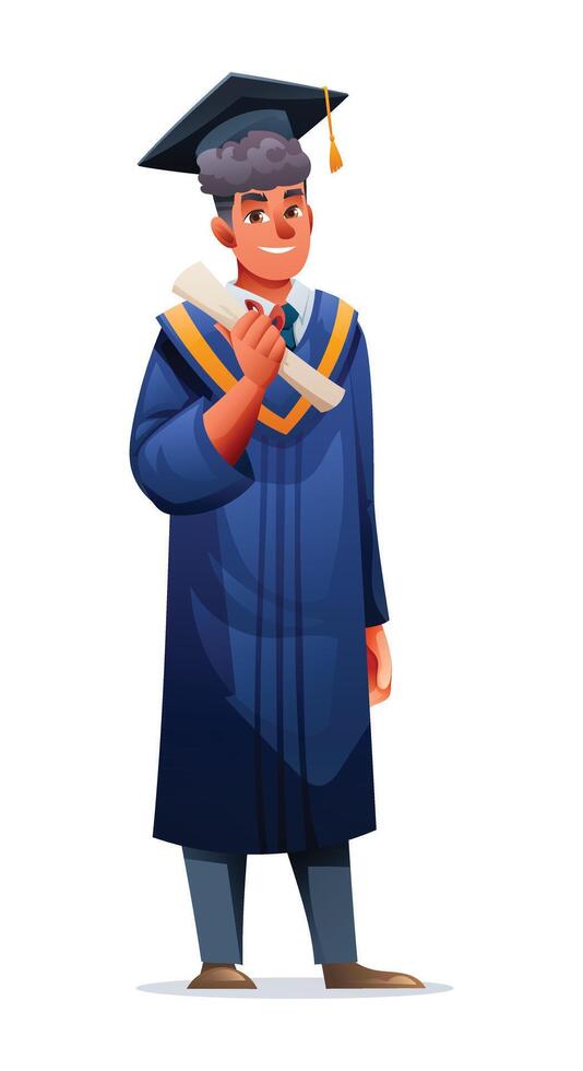 Male graduate holding diploma in academic cap and gown. Cartoon illustration vector