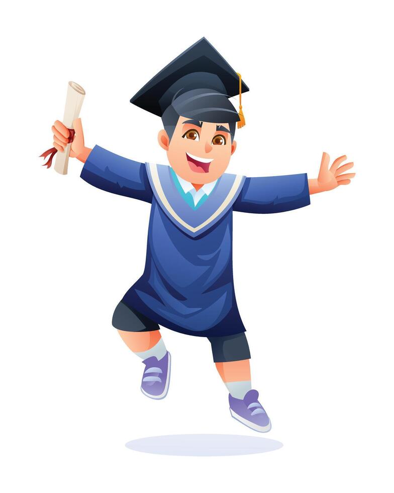 Happy boy in graduation cap and gown, holding diploma, jumping in celebration. Cartoon illustration vector