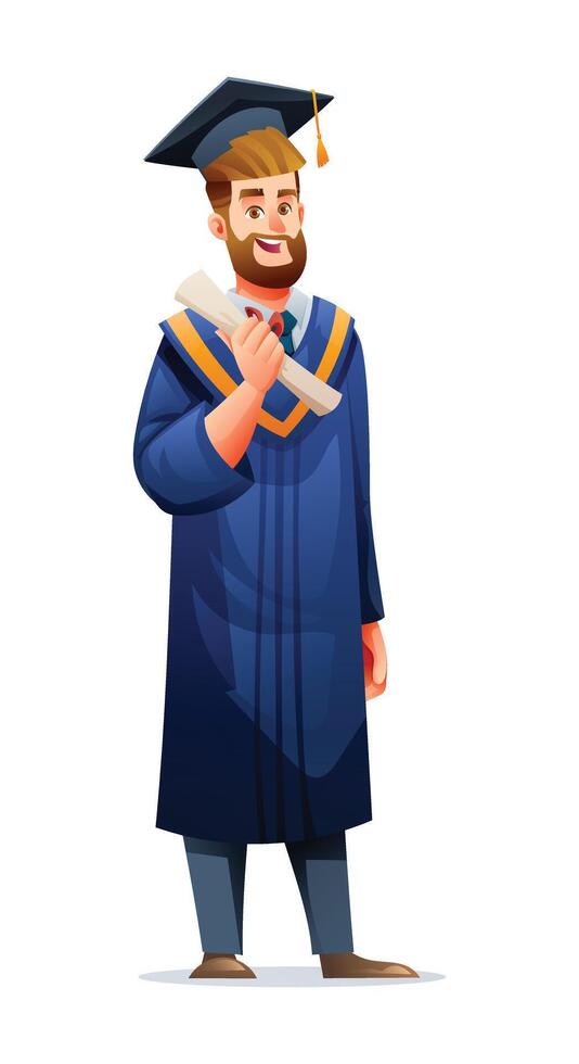 Proud graduate holding diploma in academic cap and gown with a joyful expression. Cartoon character illustration vector