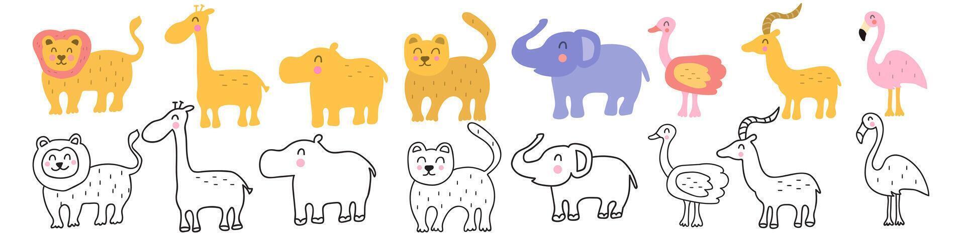 Collection of cute African animals. Flat and outline design. Hand drawn icon illustrations. Kids art. Children illustrations. Best for nursery, childish textile, apparel, poster, postcard. vector