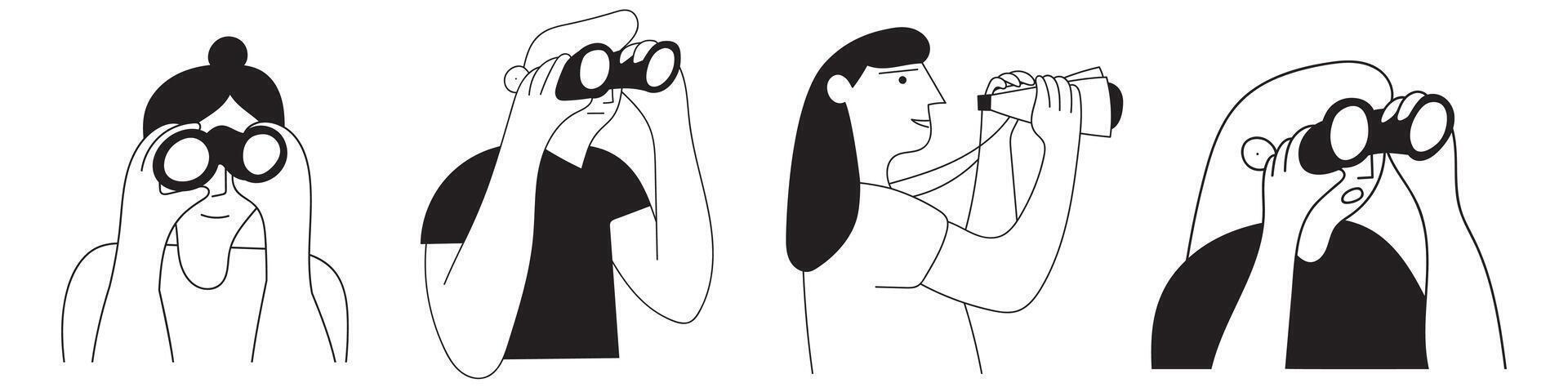 Collection of icons of people who looking through binoculars. Outline illustrations on white background. vector
