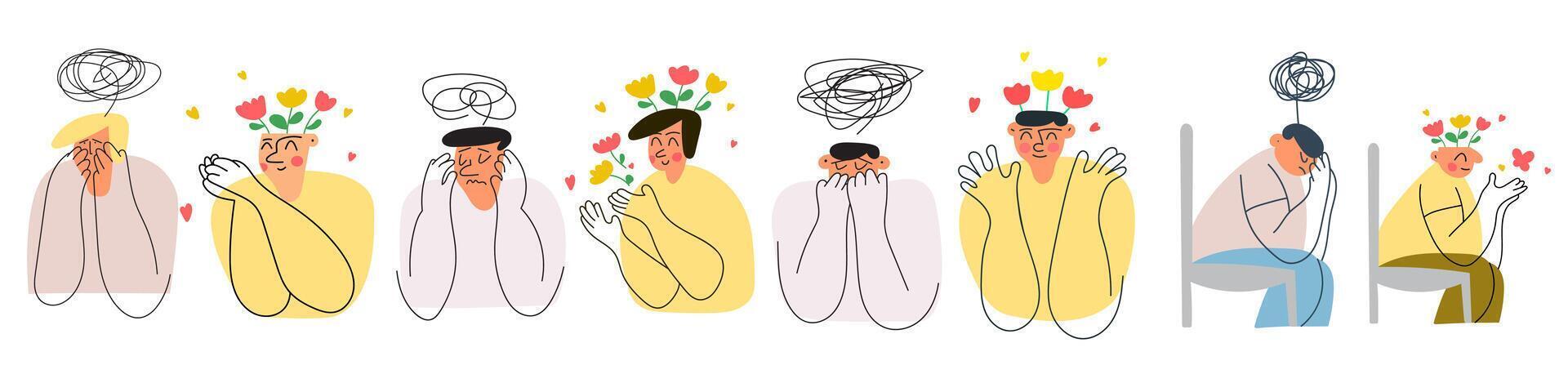 Big collection of happy and unhappy people. Mental health concept. Hand drawn illustrations on white background. vector