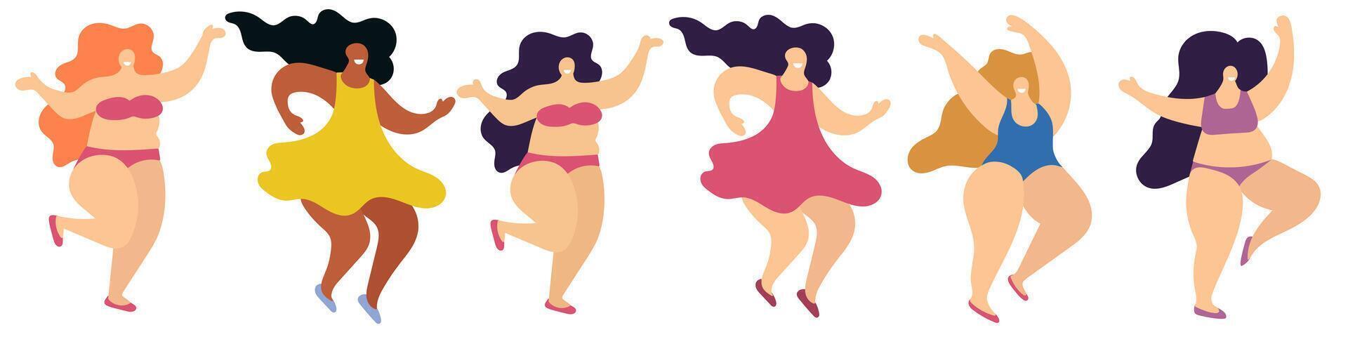 Happy plus-size women in swimsuits and dresses dancing. Hand drawn illustrations on white background. Flat design. vector