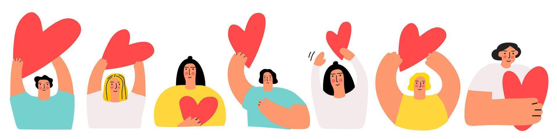 Collection of people with big red hearts. Flat design. Illustration about volunteering, donation, love. White background. vector