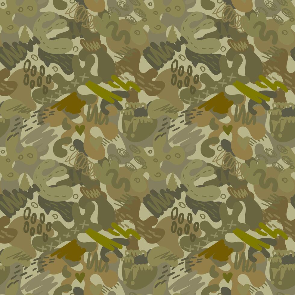 Green military hand draw camouflage seamless pattern. Modern abstract shapes hand draw hunting camo pattern vector