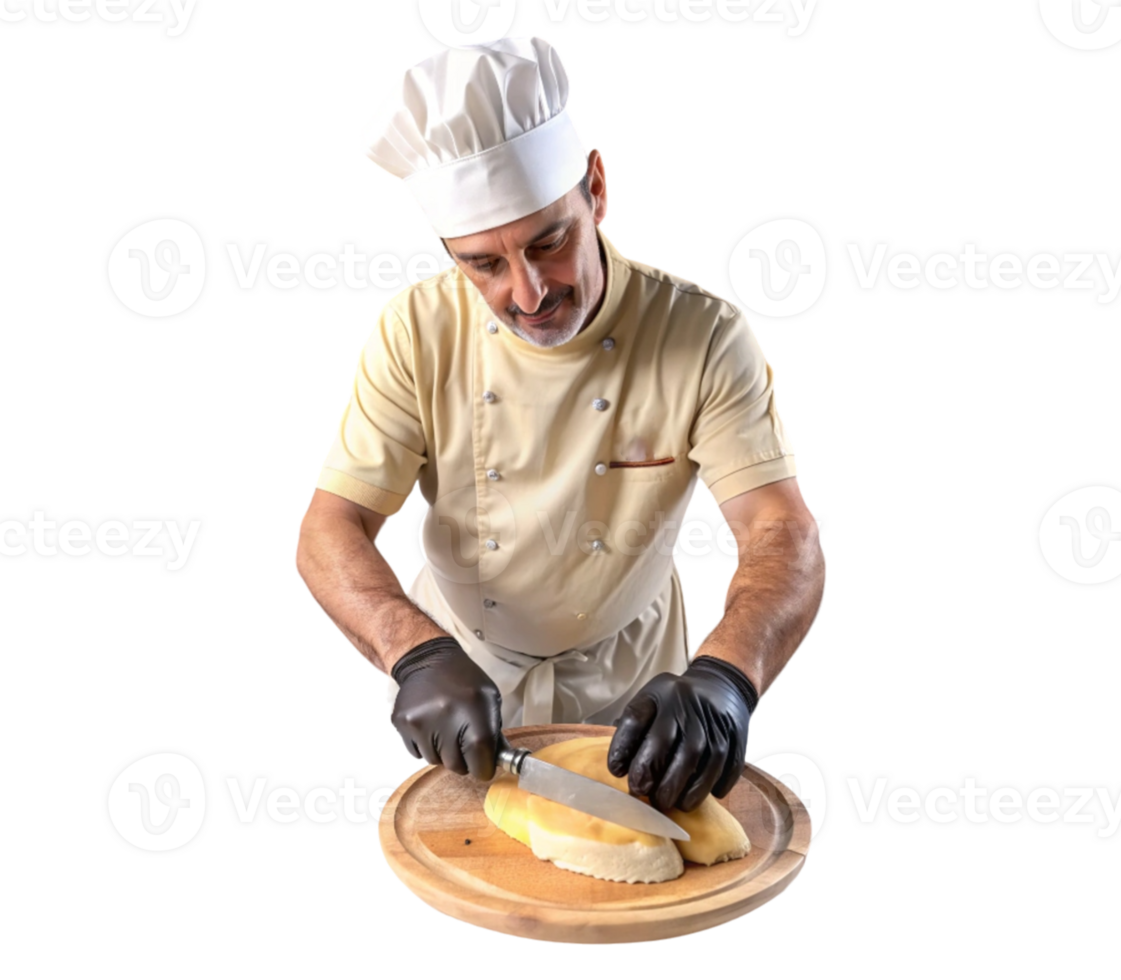 Baker slicing loaf of bread on cutting board with cheese png
