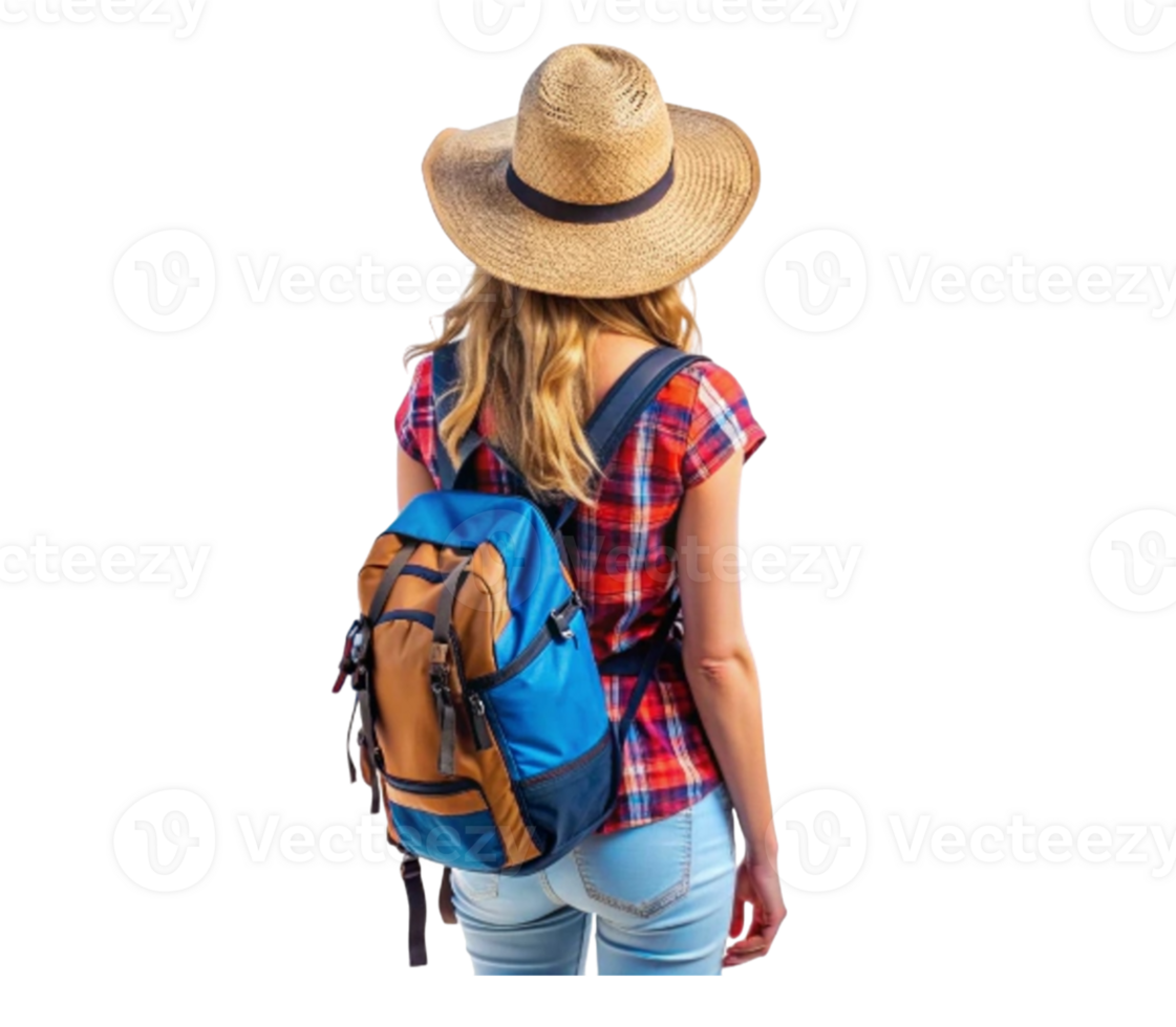 Young woman wearing backpack and straw hat walking away png
