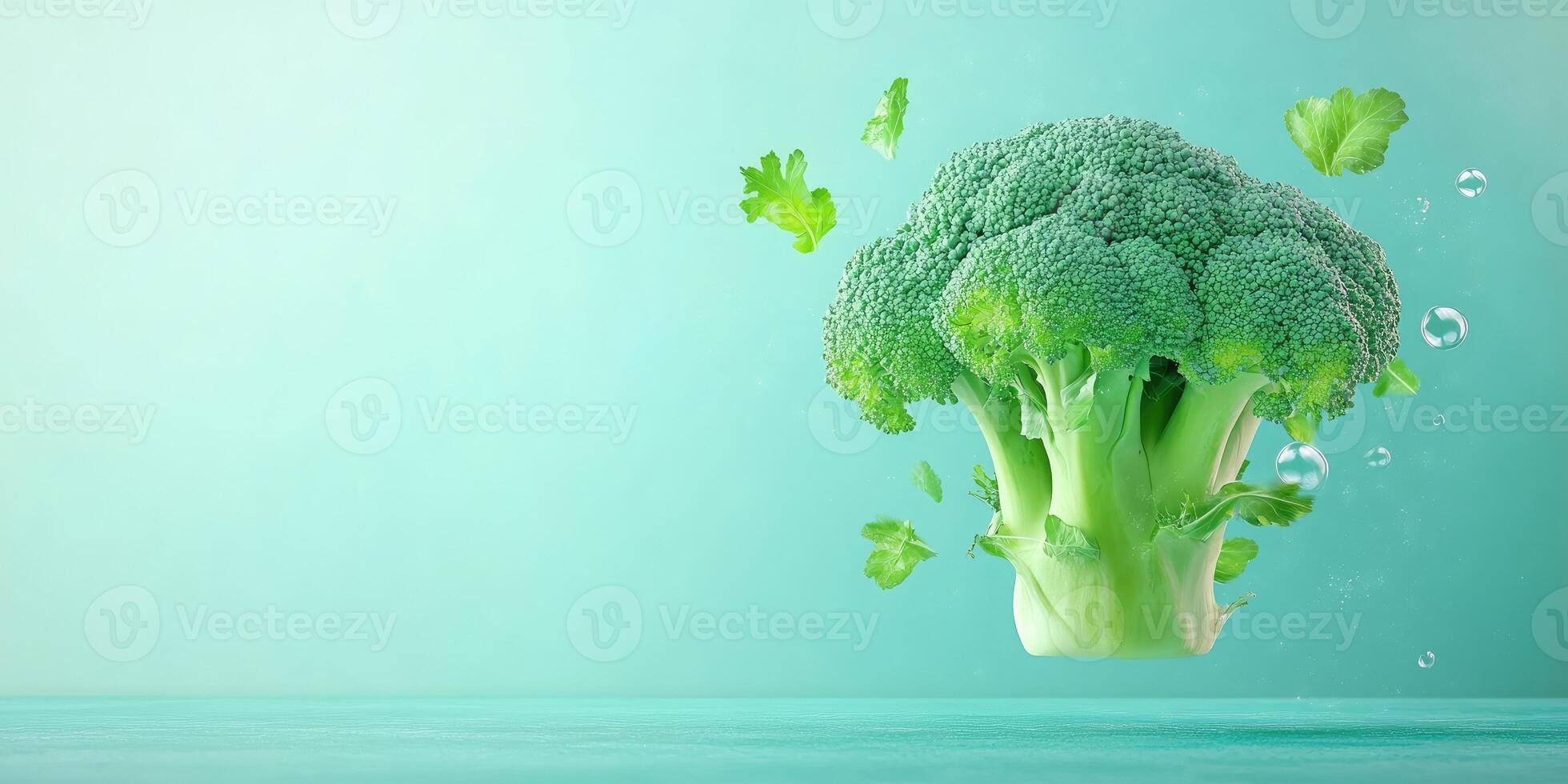 A Single Broccoli Floats in Mid-Air with Water Droplets and Green Leaves photo