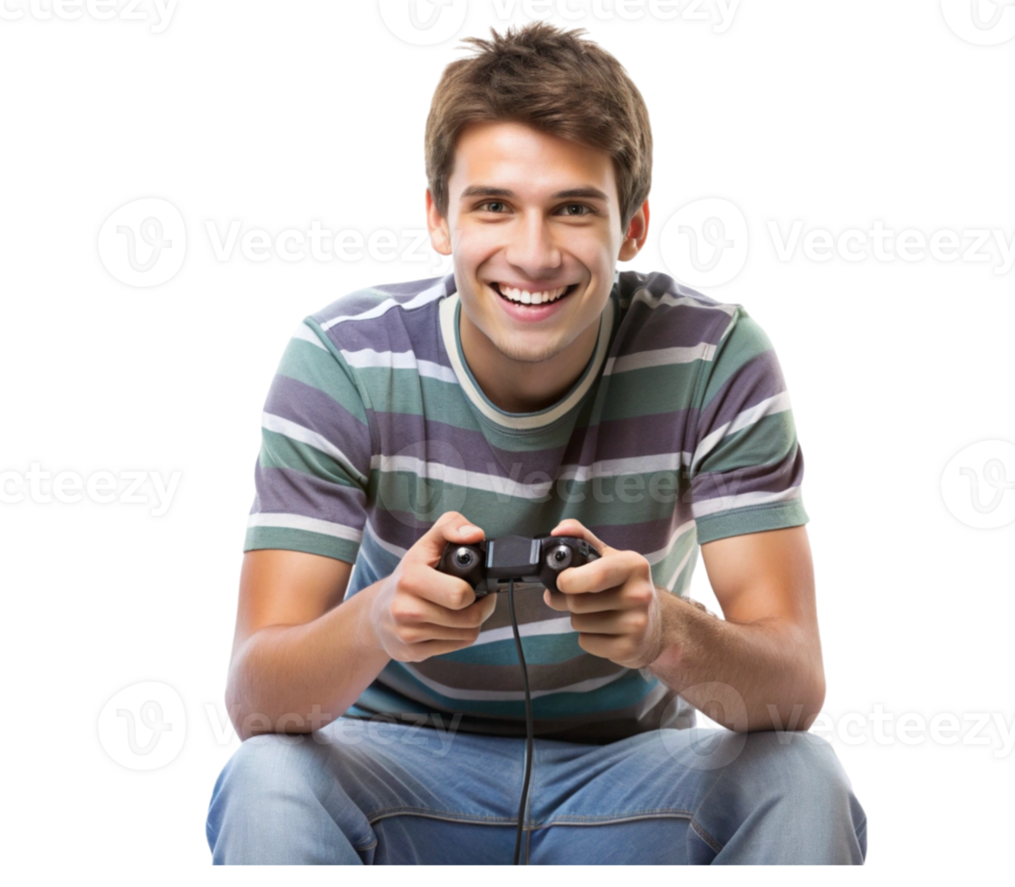 Gamer concentrating and holding a joystick while playing games on a console png