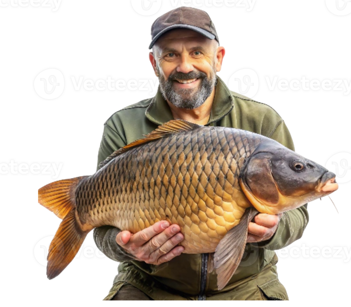 Man holding large carp fish with a proud smile on transparent background png