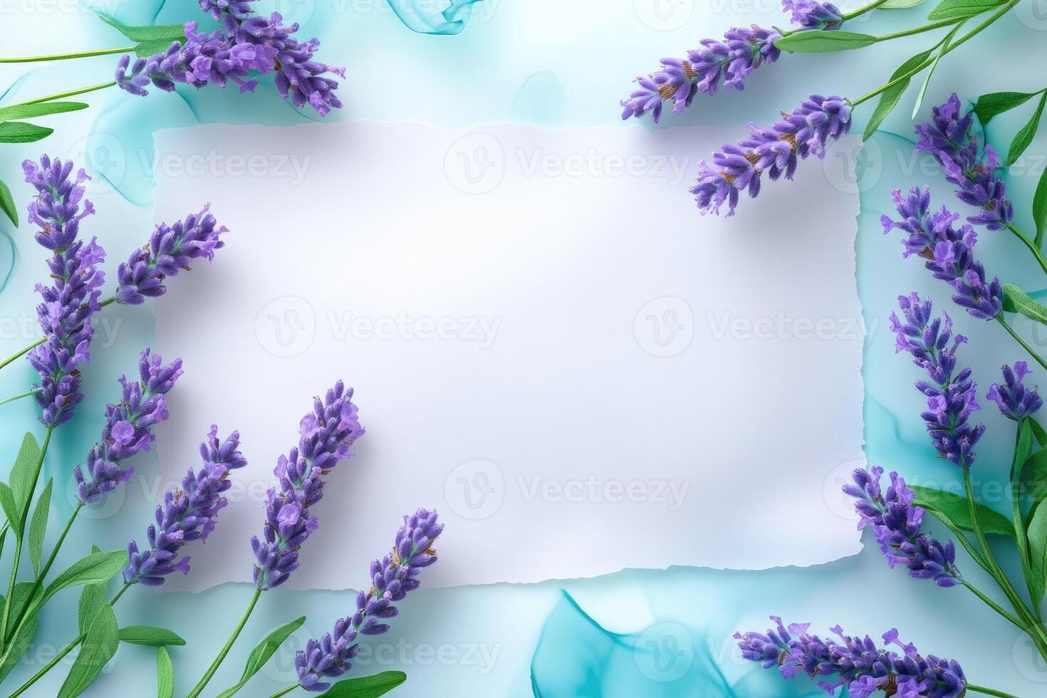 Lavender Flowers Arranged Around White Paper on Teal Background photo