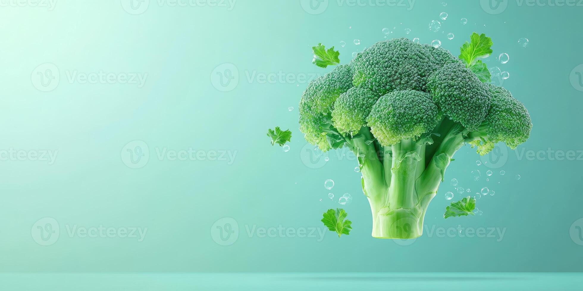 Fresh Green Broccoli Floating in Water with Bubbles photo