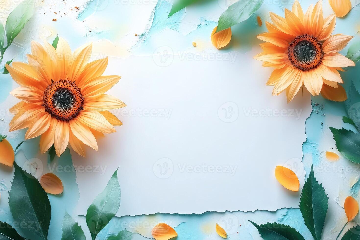 Two Sunflowers with Green Leaves and Petals on a Blue Background photo