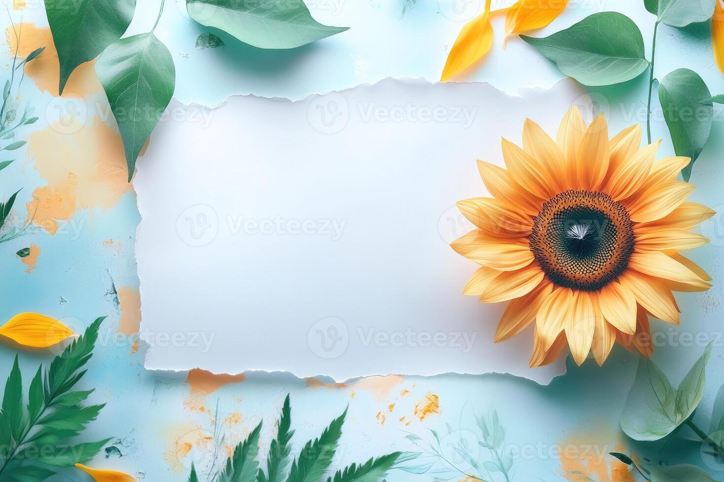 Torn Paper with Sunflower and Green Leaves photo