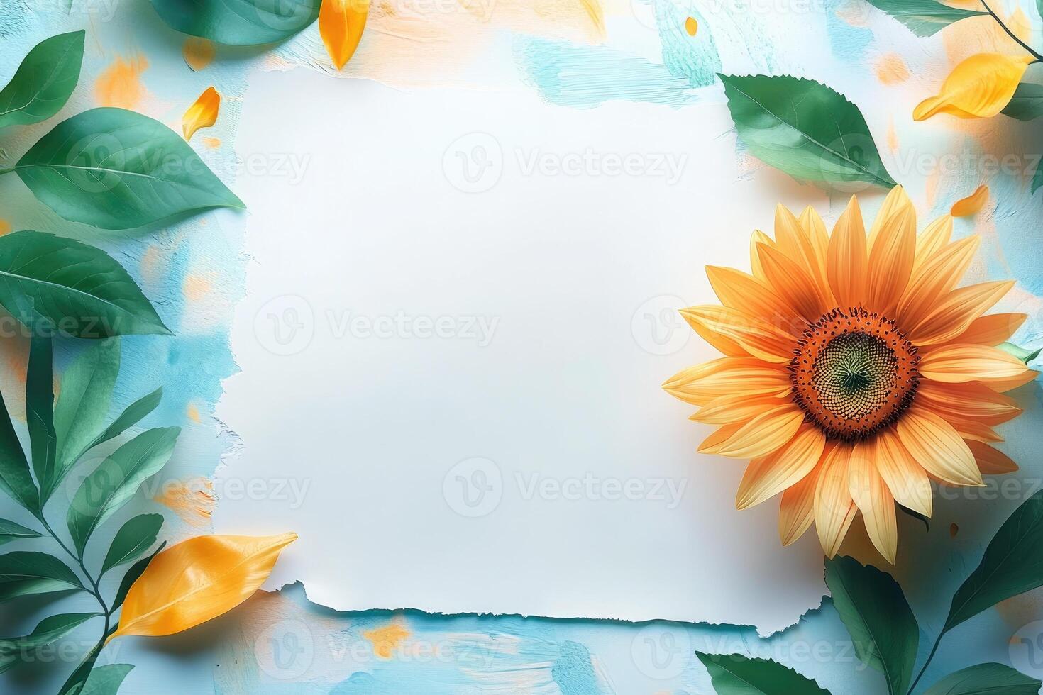 A Single Sunflower with Green Leaves and Yellow Petals on a Light Blue and Peach Background photo
