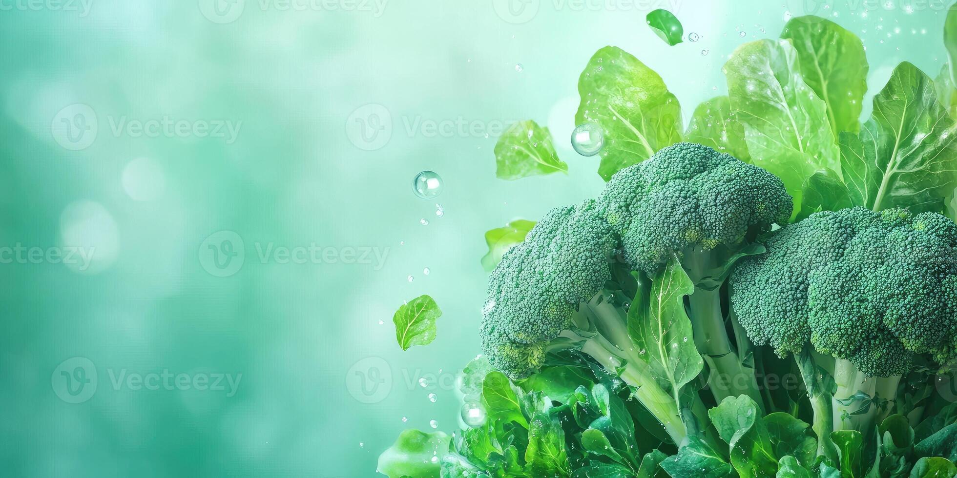 Fresh Green Broccoli Florets and Leaves with Water Droplets photo